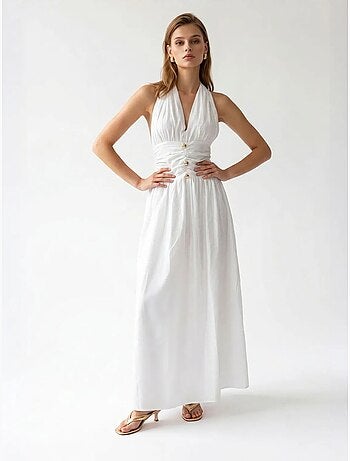 Vestido maxi de mujer de popelina de algodón con cuello halter mixray