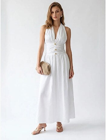 Vestido maxi de mujer de popelina de algodón con cuello halter mixray