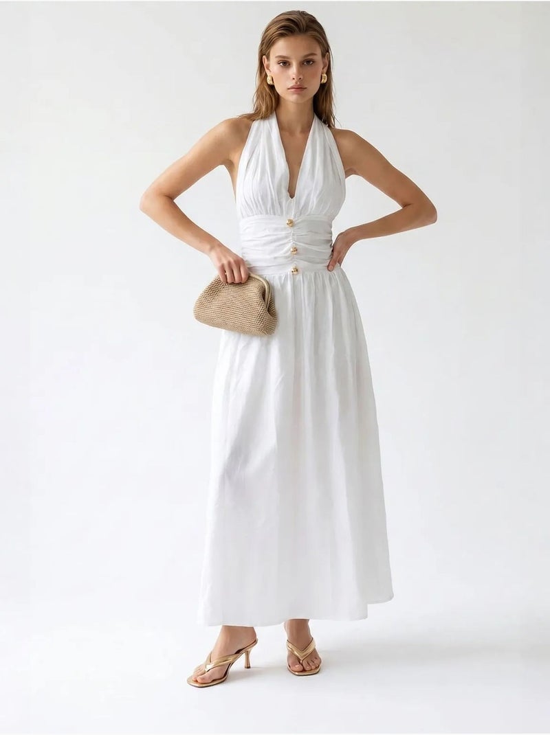 Vestido maxi de mujer de popelina de algodón con cuello halter mixray Blanco - Kiabi