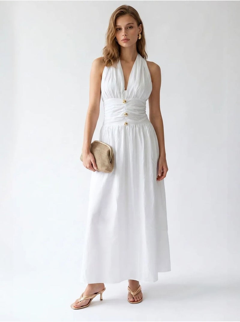 Vestido maxi de mujer de popelina de algodón con cuello halter mixray Blanco - Kiabi