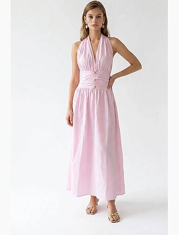 Vestido maxi de mujer de popelina de algodón con cuello halter mixray