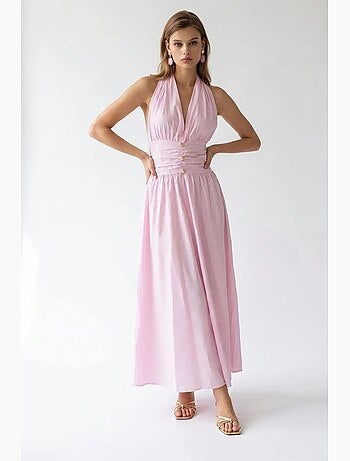 Vestido maxi de mujer de popelina de algodón con cuello halter mixray