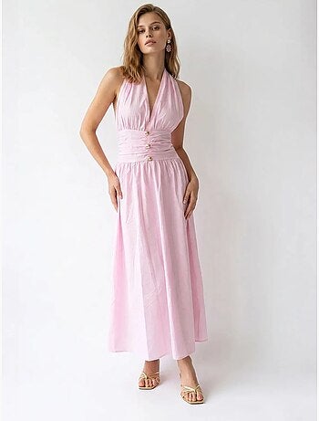 Vestido maxi de mujer de popelina de algodón con cuello halter mixray