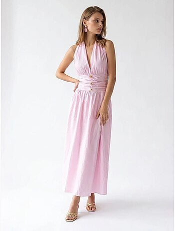 Vestido maxi de mujer de popelina de algodón con cuello halter mixray