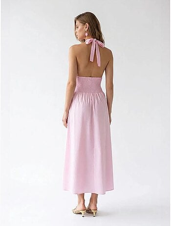 Vestido maxi de mujer de popelina de algodón con cuello halter mixray