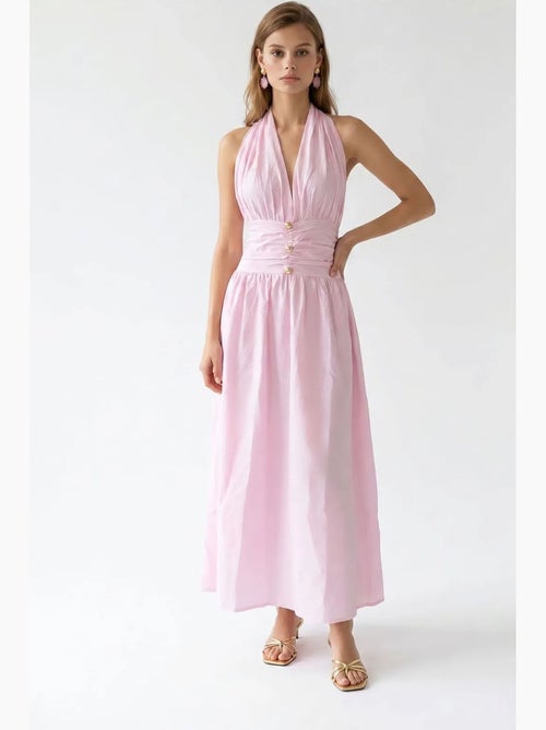 Vestido maxi de mujer de popelina de algodón con cuello halter mixray - Kiabi Vestido maxi de mujer de popelina de algodón con cuello halter mixray - Kiabi