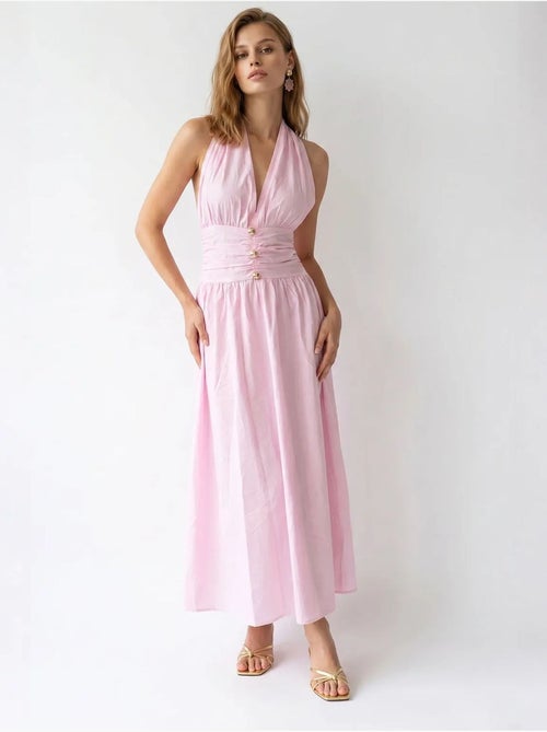 Vestido maxi de mujer de popelina de algodón con cuello halter mixray - Kiabi Vestido maxi de mujer de popelina de algodón con cuello halter mixray - Kiabi