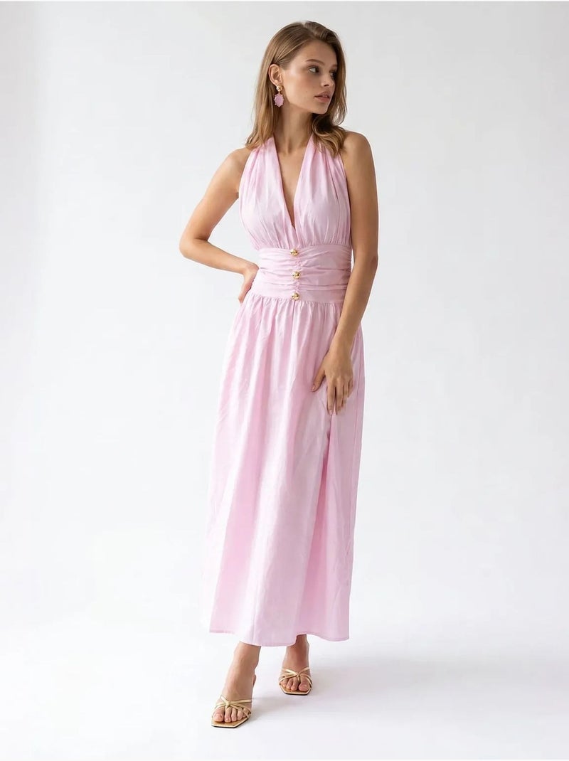 Vestido maxi de mujer de popelina de algodón con cuello halter mixray Rosa almendra - Kiabi