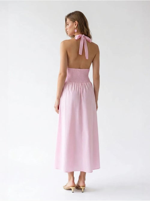 Vestido maxi de mujer de popelina de algodón con cuello halter mixray - Kiabi Vestido maxi de mujer de popelina de algodón con cuello halter mixray - Kiabi