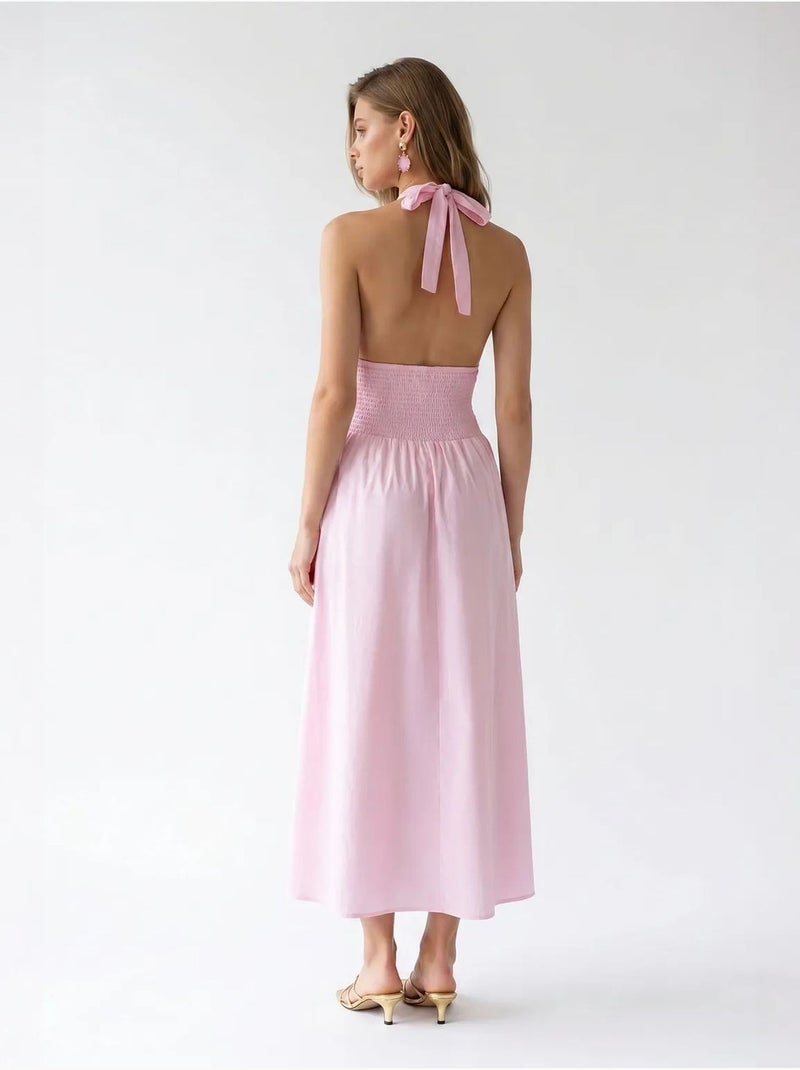Vestido maxi de mujer de popelina de algodón con cuello halter mixray Rosa almendra - Kiabi