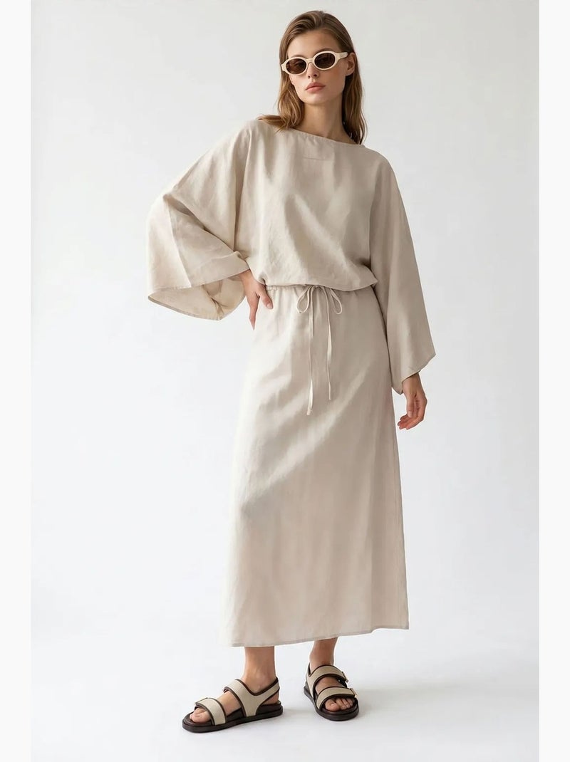 Vestido maxi de mujer liso texturizado con detalle de lazo mixray Beige arcilla - Kiabi