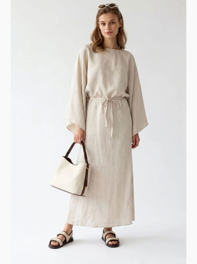 Vestido maxi de mujer liso texturizado con detalle de lazo mixray Beige arcilla - Kiabi