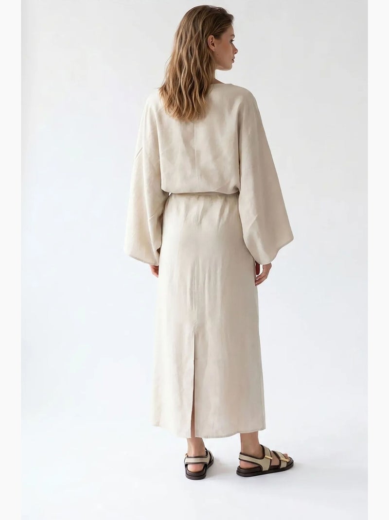 Vestido maxi de mujer liso texturizado con detalle de lazo mixray Beige arcilla - Kiabi