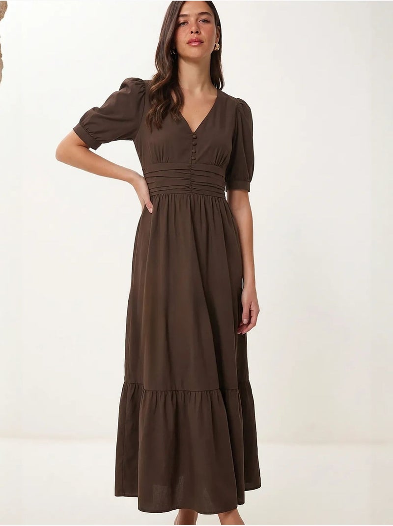 Vestido maxi de popelina de mezcla de algodón para mujer istanbul Marrón - Kiabi