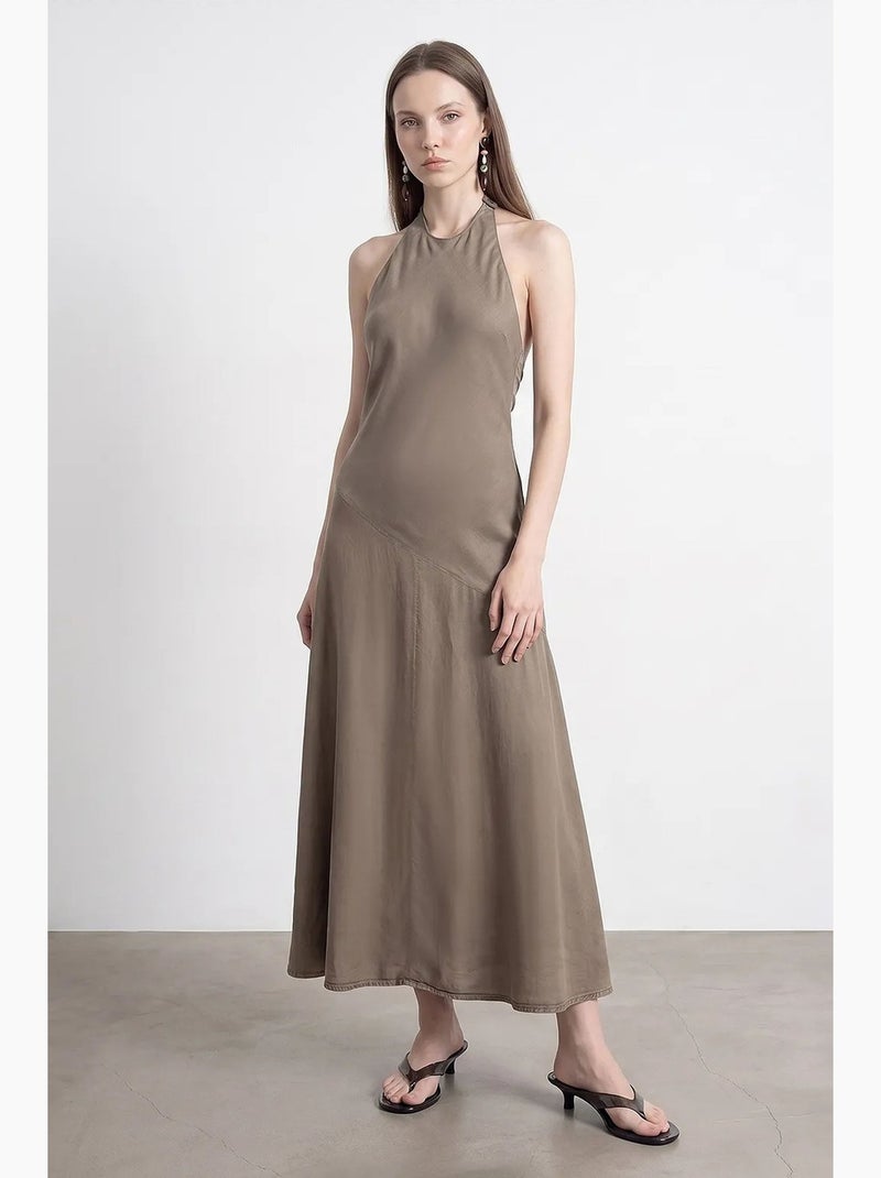 Vestido maxi de tencel con cuello halter dilvin Caqui - Kiabi