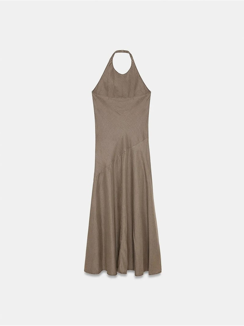 Vestido maxi de tencel con cuello halter dilvin Caqui - Kiabi