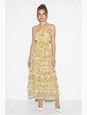 Vestido maxi halter con estampado paisley lucci