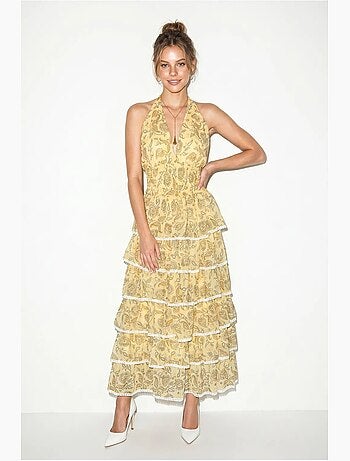 Vestido maxi halter con estampado paisley lucci