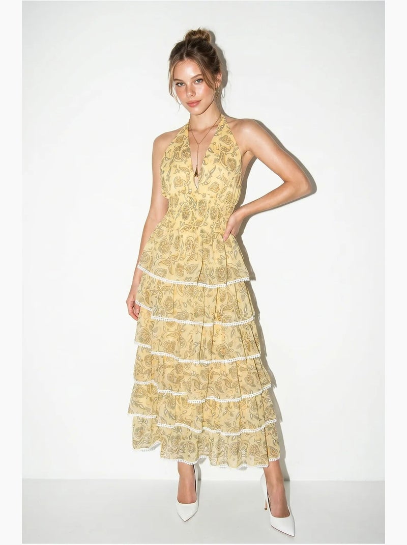 Vestido maxi halter con estampado paisley lucci Amarillo limón - Kiabi