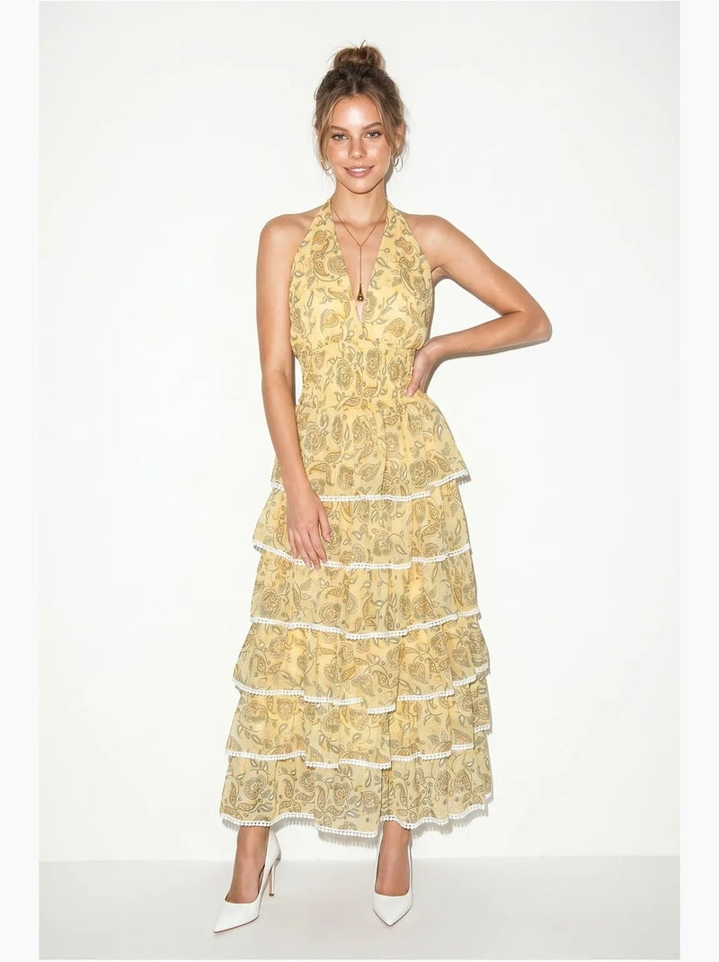 Vestido maxi halter con estampado paisley lucci Amarillo limón - Kiabi