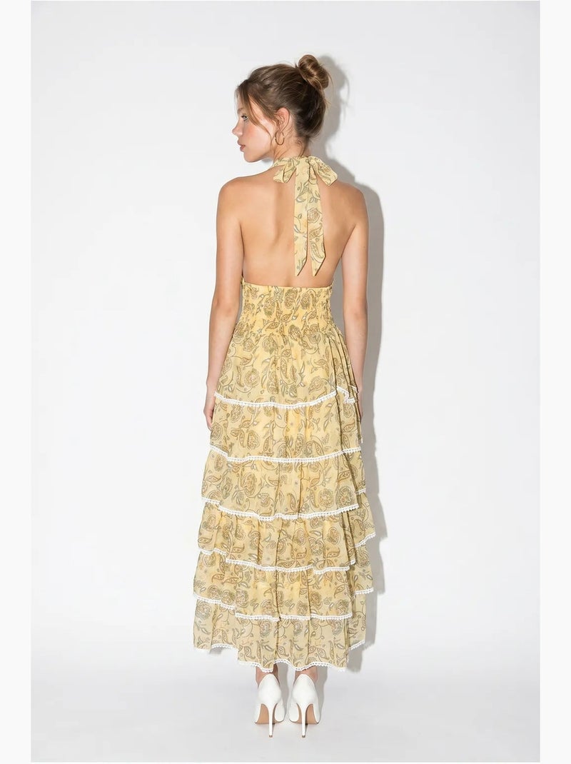 Vestido maxi halter con estampado paisley lucci Amarillo limón - Kiabi