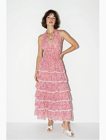 Vestido maxi halter con estampado paisley lucci