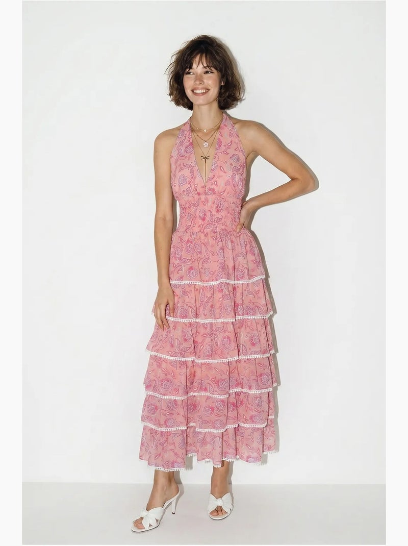 Vestido maxi halter con estampado paisley lucci Rosa - Kiabi