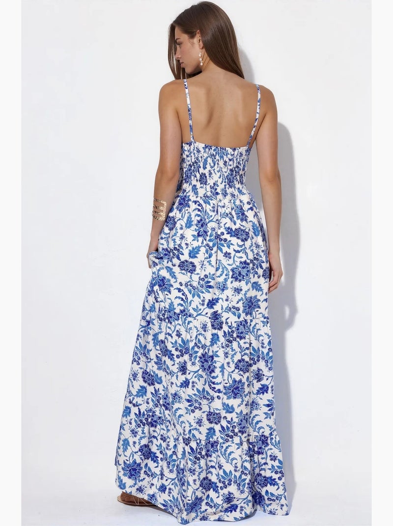 Vestido maxi plisado de satén floral busem Blanco Azul - Kiabi
