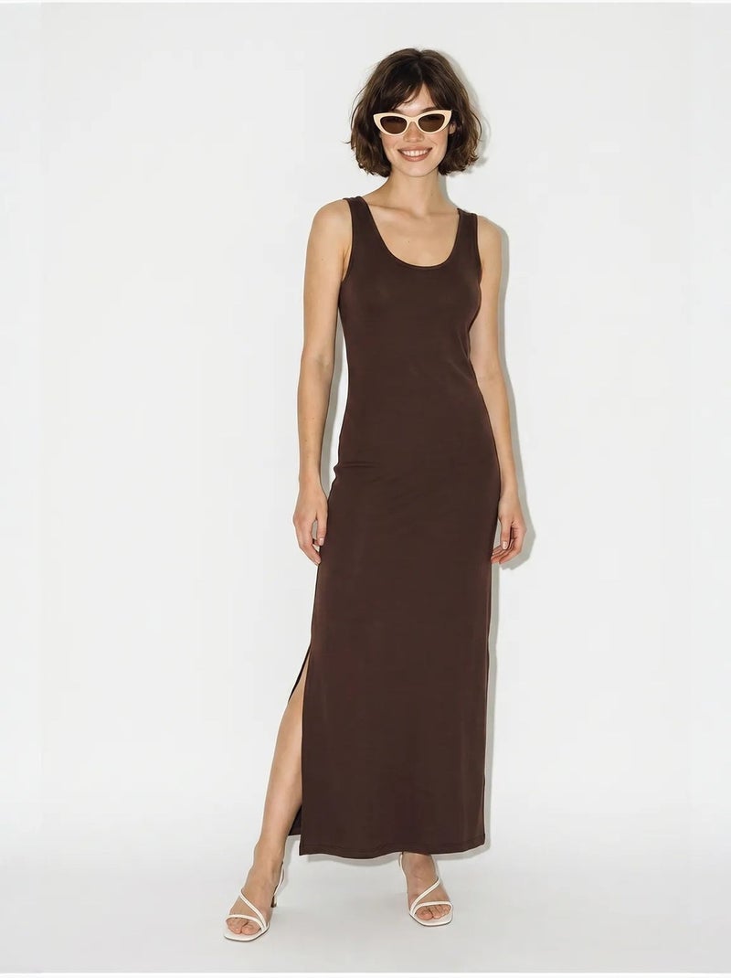 Vestido maxi recto sin mangas con abertura lucci Marrón chocolate - Kiabi