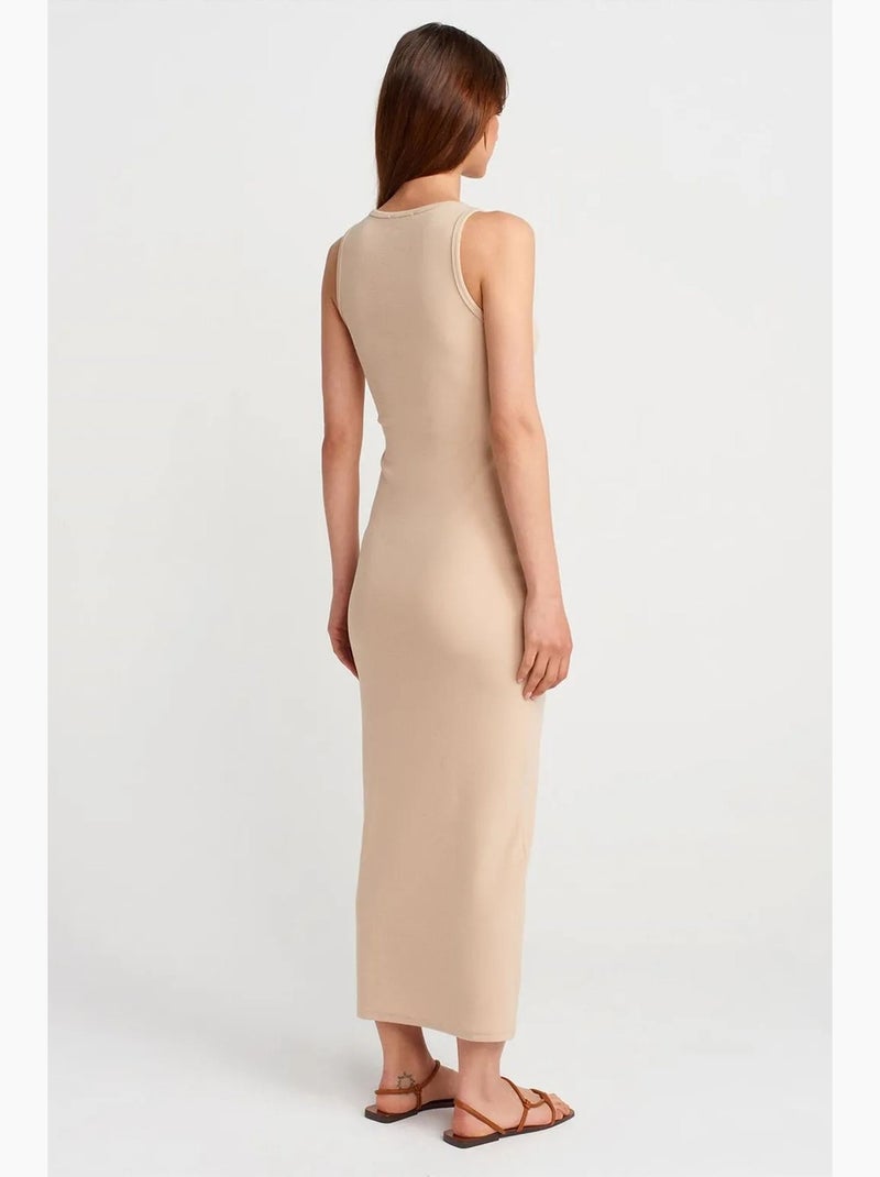 Vestido maxi sin mangas de mezcla de algodón acanalado dilvin Beige arcilla - Kiabi