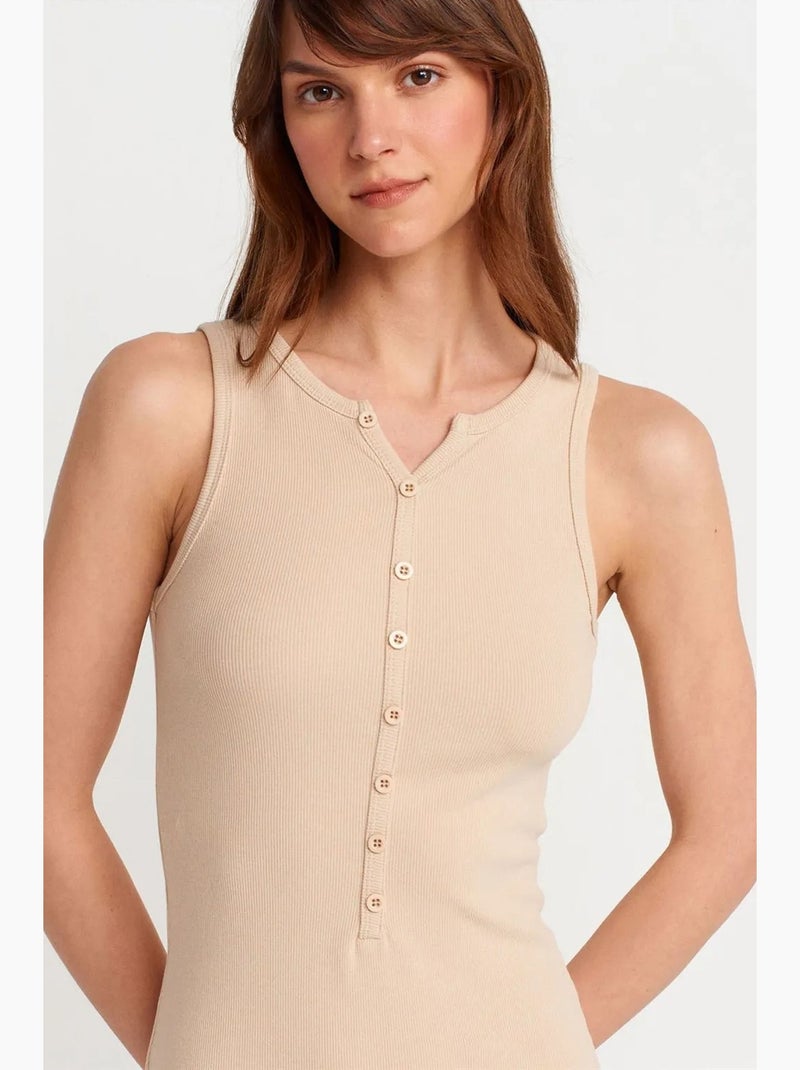 Vestido maxi sin mangas de mezcla de algodón acanalado dilvin Beige arcilla - Kiabi