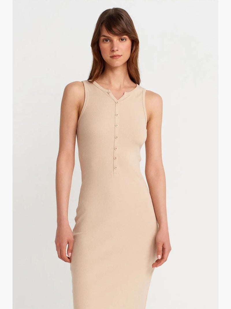 Vestido maxi sin mangas de mezcla de algodón acanalado dilvin Beige arcilla - Kiabi