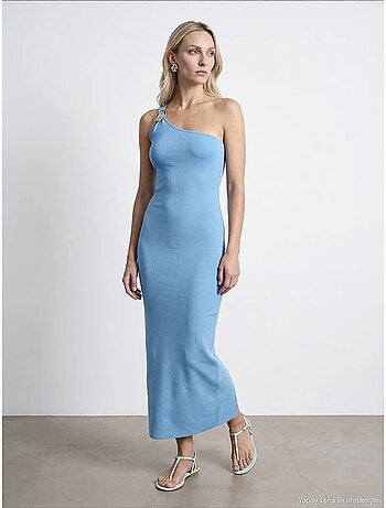 Vestido midi acanalado asimétrico de un solo hombro dilvin
