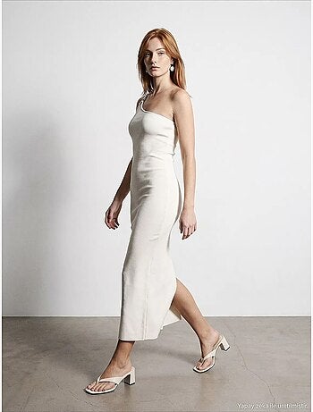 Vestido midi acanalado asimétrico de un solo hombro dilvin