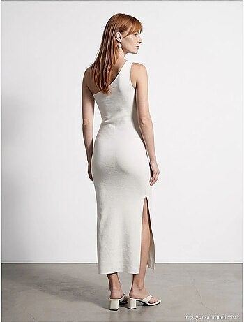 Vestido midi acanalado asimétrico de un solo hombro dilvin