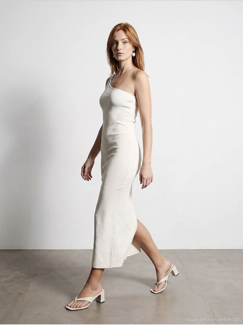Vestido midi acanalado asimétrico de un solo hombro dilvin Blanco roto - Kiabi