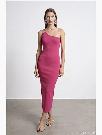Vestido midi acanalado asimétrico de un solo hombro dilvin