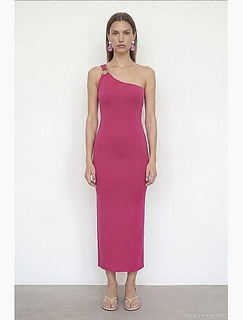 Vestido midi acanalado asimétrico de un solo hombro dilvin