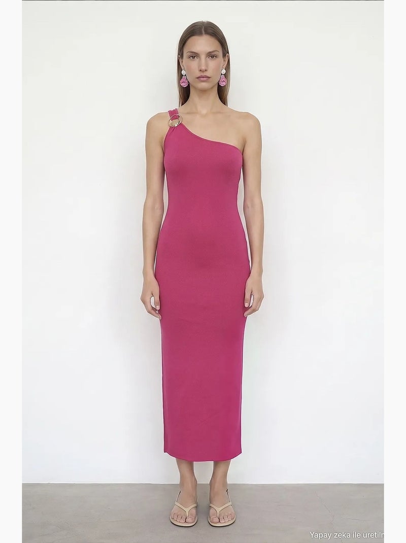 Vestido midi acanalado asimétrico de un solo hombro dilvin Magenta - Kiabi