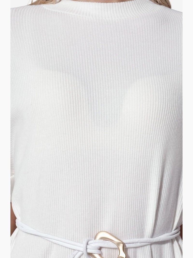 Vestido midi acanalado con cinturón busem Blanco roto - Kiabi