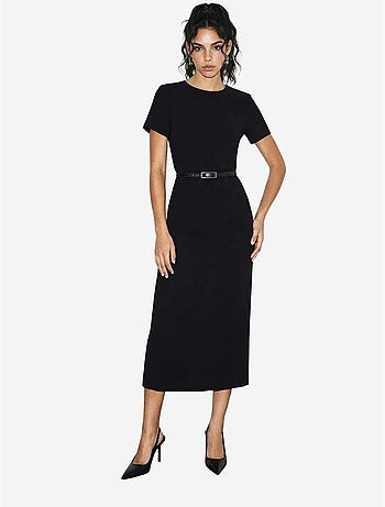 Vestido midi ajustado con cinturón y cuello redondo de lucci