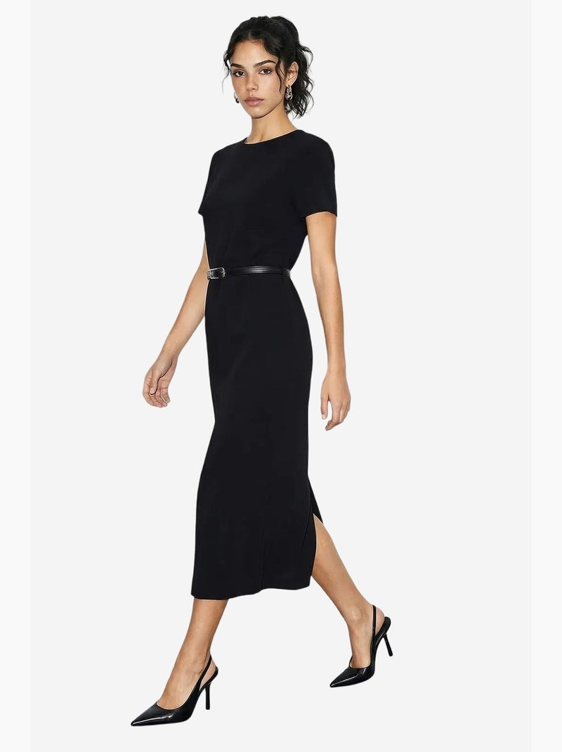 Vestido midi ajustado con cinturón y cuello redondo de lucci Negro - Kiabi