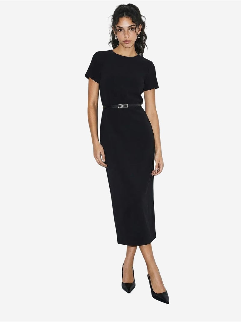 Vestido midi ajustado con cinturón y cuello redondo de lucci Negro - Kiabi