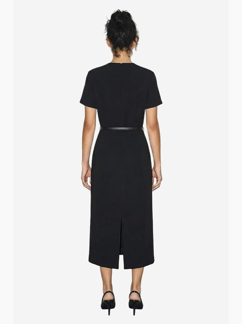 Vestido midi ajustado con cinturón y cuello redondo de lucci Negro - Kiabi