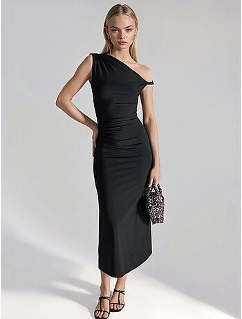 Vestido midi ajustado con cuello asimétrico