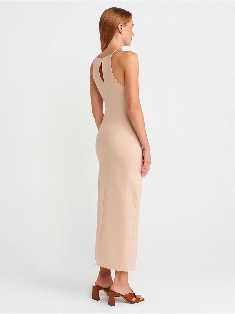 Vestido midi ajustado con cuello halter y abertura dilvin Beige arcilla - Kiabi