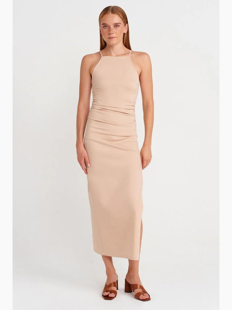 Vestido midi ajustado con cuello halter y abertura dilvin Beige arcilla - Kiabi