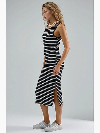 Vestido midi ajustado con cuello redondo y rayas hiccup