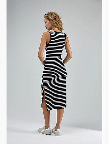 Vestido midi ajustado con cuello redondo y rayas hiccup