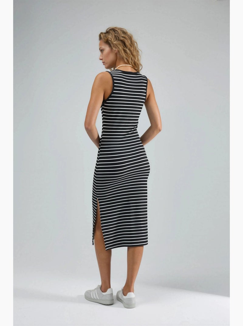 Vestido midi ajustado con cuello redondo y rayas hiccup Negro Blanco - Kiabi